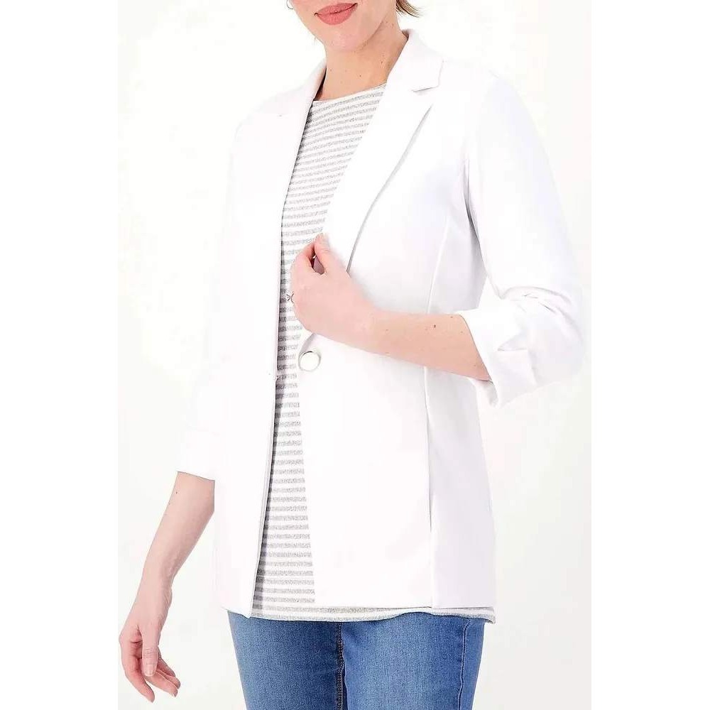 Susan Graver Liquid Knit Fusion 3/4 Sleeve Cutaway Hem Blazer White 4X A629496